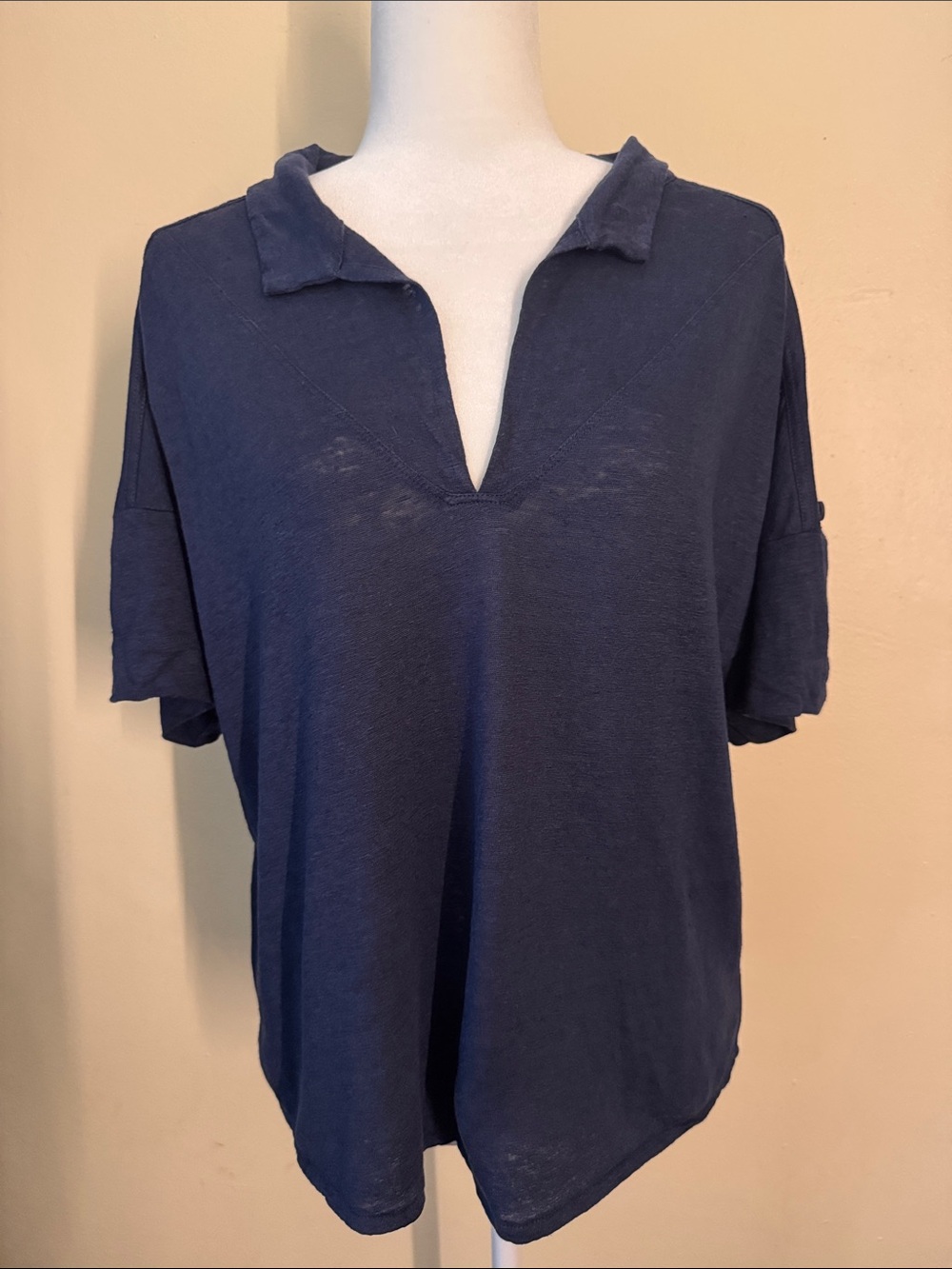 Relaxed Navy V-Notch Short Sleeve Top